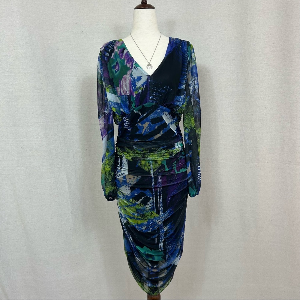 Tahari ASL Abstract Floral Print Purple and Blue Ruched Sheath Dress